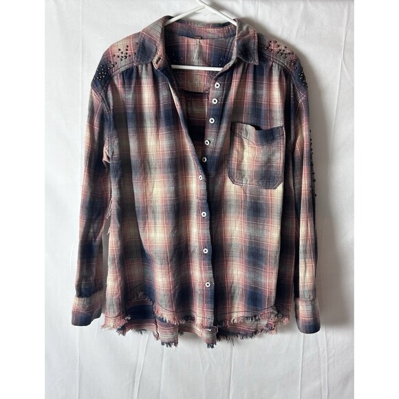 Free‎ People Womens XS Plaid Distressed Stud Longsleeve Button Down Top - Picture 1 of 14